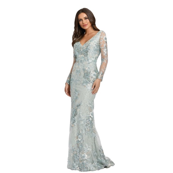 MAC DUGGAL SEAMIST EMBELLISHED V NECK ILLUSION LONG SLEEVE GOWN  (14) NWT🌴 - Picture 1 of 16